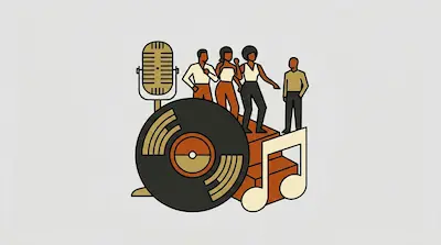 Flat illustration of a group of singers standing on stairs behind a vinyl record, a microphone, and a musical note.