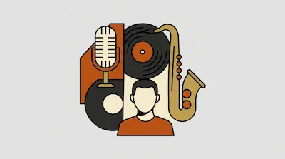 Flat illustration of a man surrounded by a saxophone, a vinyl record, and a vintage microphone on a gray background