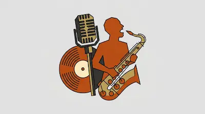 Flat illustration of an orange silhouette playing a saxophone next to a vintage microphone and a vinyl record.