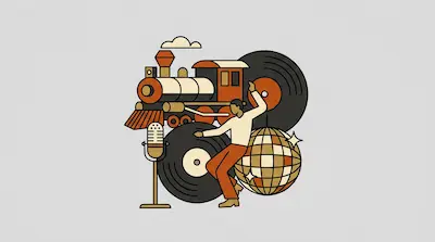 Flat illustration of a man dancing among a steam train, vinyl records, a microphone, and a disco ball.
