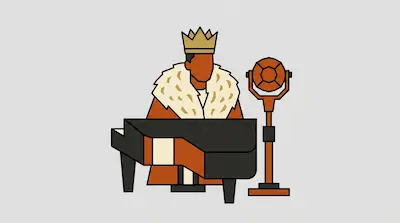 Flat illustration of a king wearing a crown and fur robe playing a black piano next to a vintage microphone stand