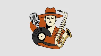 Flat illustration of a man in a fedora surrounded by a saxophone, a vinyl record, and a vintage microphone.