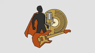 Flat illustration of a caped singer silhouette with a vintage microphone, a gold record, and an electric guitar.