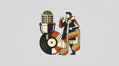 Flat illustration of a singer standing next to a vintage microphone, a vinyl record, and a large musical note.