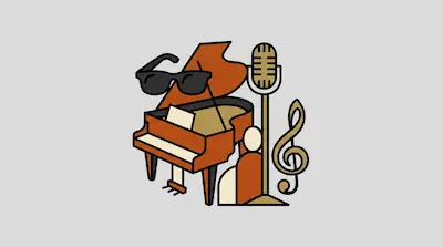 Flat illustration of a brown grand piano wearing sunglasses next to a vintage microphone and a golden treble clef