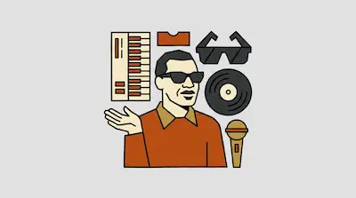Flat illustration of a man in sunglasses surrounded by a keyboard, vinyl record, and microphone on a gray background