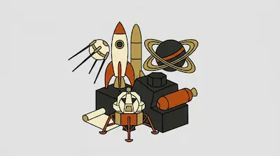 A collection of space-related objects including a rocket, a satellite, a ringed planet, and a lunar lander.