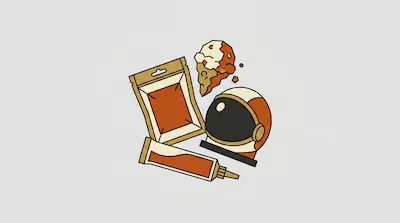 Flat illustration of an astronaut helmet, a food pouch, and a tube of space paste on a light gray background
