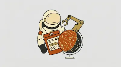 Flat illustration of an astronaut holding a pouch next to a celestial globe and a robotic arm on a gray background