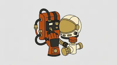 Flat illustration of a retro space suit helmet, an orange oxygen pack, and a gloved hand on a light grey background