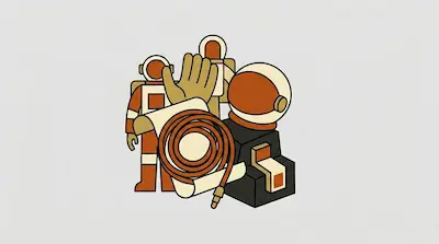 Flat illustration of astronauts in orange suits with a coiled cable and a waving hand on a light grey background