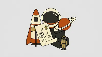 A collection of space-themed items including a rocket, an astronaut helmet, a ringed planet, and a diagram of an orbital path.