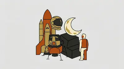 Flat illustration of a space shuttle, a lunar lander, a crescent moon, and an astronaut figure on a plain background