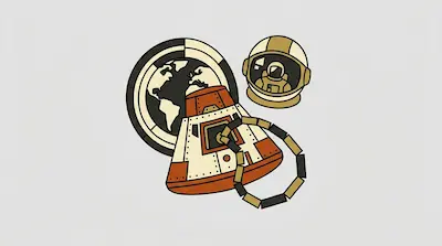 Flat illustration of a space capsule, an astronaut helmet, and a stylized globe on a light grey background