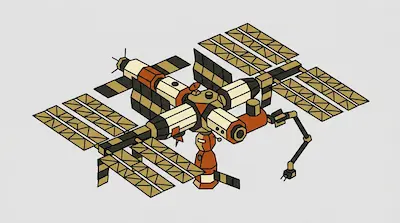 A modular space station with orange and white sections, large solar panels, and a robotic arm shown in an isometric view.