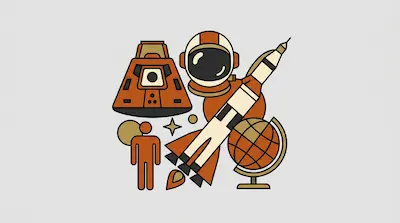 Flat illustration of space exploration icons including a rocket, an astronaut helmet, and a globe on a gray background
