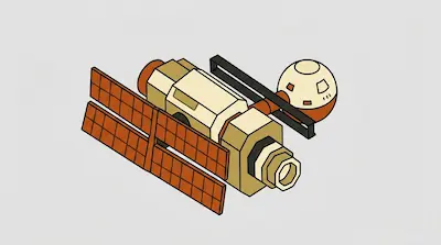 Flat illustration of a modular space station with orange solar panels and a spherical pod on a light gray background