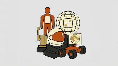 A collection of space-themed objects including an astronaut helmet, a rover, a celestial globe, and a humanoid figure.