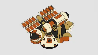 Flat illustration of a space station with solar panels, a capsule, and a small human figure on a gray background