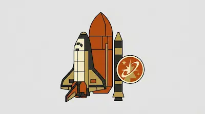 A stylized space shuttle with an orange external tank and a circular star emblem.