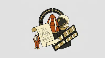 An astronaut in an orange suit looks at a blueprint of a space capsule, surrounded by a helmet, solar panels, and a rocket component.