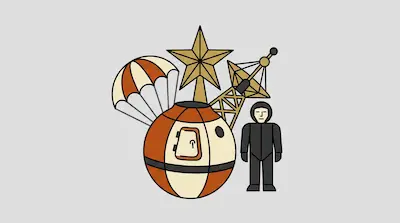 A spherical space capsule with a parachute, a gold star, a communication tower, and a person in a dark flight suit.