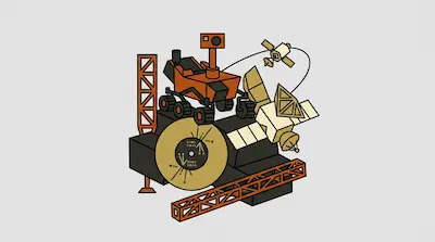 A Mars rover, satellites, and the Voyager Golden Record are arranged together on a gray platform with orange structural beams.