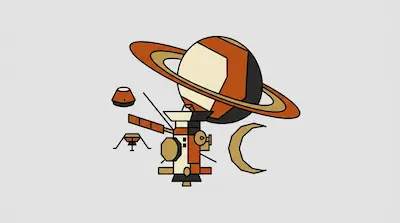 A stylized spacecraft, a ringed planet, and a crescent moon in orange, tan, and black.