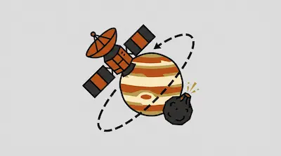 Flat illustration of an orange space satellite orbiting a striped gas giant planet with a dark moon on a gray background