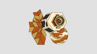 A stylized hexagonal spacecraft with a large, segmented solar array floats near a planet with orange and tan clouds.