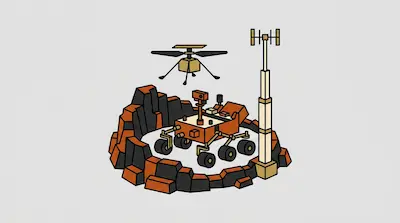 A Mars rover and a communications tower sit within a rocky crater as a small helicopter flies above.