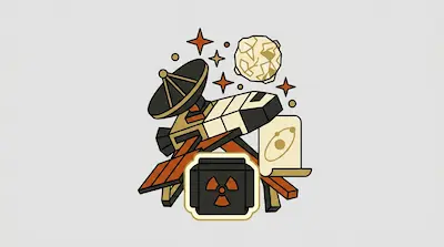 A stylized illustration of a satellite, a cratered moon, stars, a scroll with an orbital diagram, and a box with a radiation symbol.
