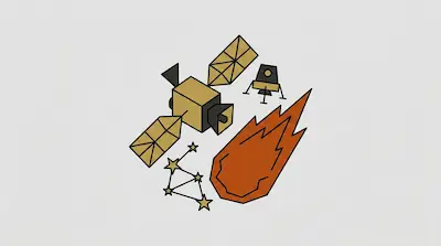 Flat illustration of a gold satellite, a flaming orange meteor, and a star constellation on a light gray background
