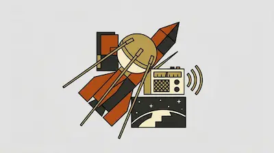 Sputnik 1 satellite with protruding antennas, launching rocket, radio transmitter equipment, and starfield below