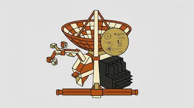 A stylized spacecraft with a large checkered dish antenna, a golden record, and several instrument booms.