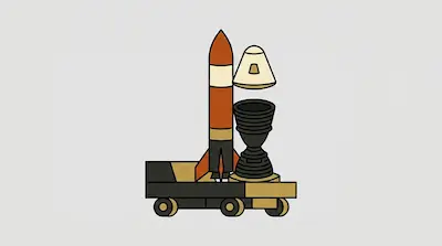 A rocket, a space capsule, and a large engine nozzle sit on a flatbed trailer.