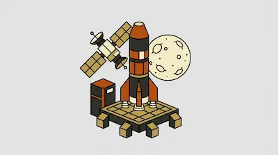 A rocket on a launchpad next to a satellite and a cratered moon.
