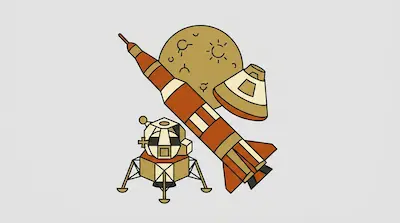 A stylized rocket, lunar lander, and command module are arranged in front of a cratered moon.