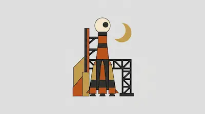 A stylized orange and black rocket sits on a launchpad next to a crescent moon.