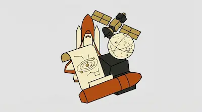 A minimalist graphic of a space shuttle, satellite, celestial globe, and star chart.