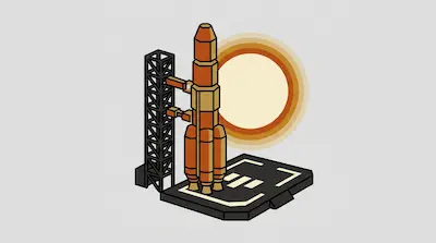 An isometric orange rocket stands on a launchpad next to a black support tower against a large circular sun.
