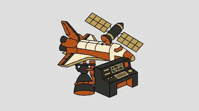 An orange and white space shuttle, a satellite, a rocket engine, and a control console grouped together.