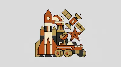 Flat illustration of a rocket, a moon rover, and a satellite in a geometric style with orange and tan tones.