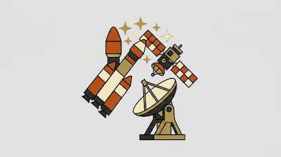 A rocket, a satellite, and a radar dish are grouped together with several gold stars on a light gray background.
