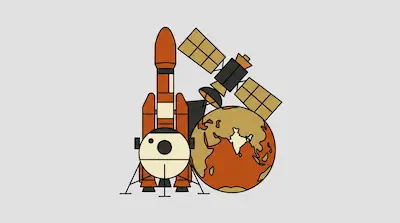 Flat illustration of a space rocket, a satellite, and the Earth globe in orange and tan tones on a gray background