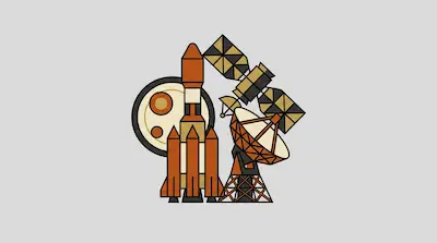 A stylized rocket, satellite, and radar dish are grouped in front of a moon.