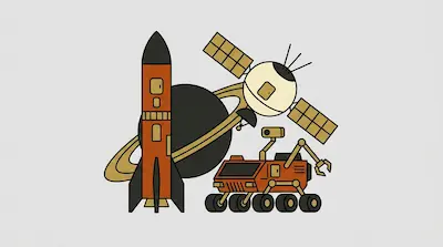 A rocket, a ringed planet, a satellite, and a planetary rover.