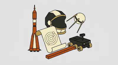 A collection of space-themed icons including a rocket, an astronaut helmet, a satellite, a rover, and a solar system diagram.