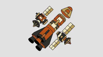 A stylized rocket with three engines and a detached capsule, flanked by two satellites with solar panels and dish antennas.