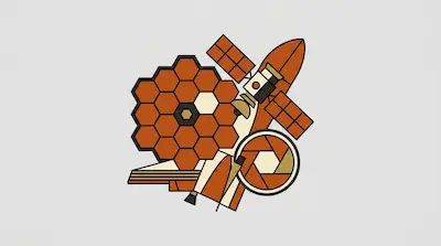 A hexagonal telescope mirror, a rocket, a satellite, and a camera aperture arranged in a stylized, geometric composition.